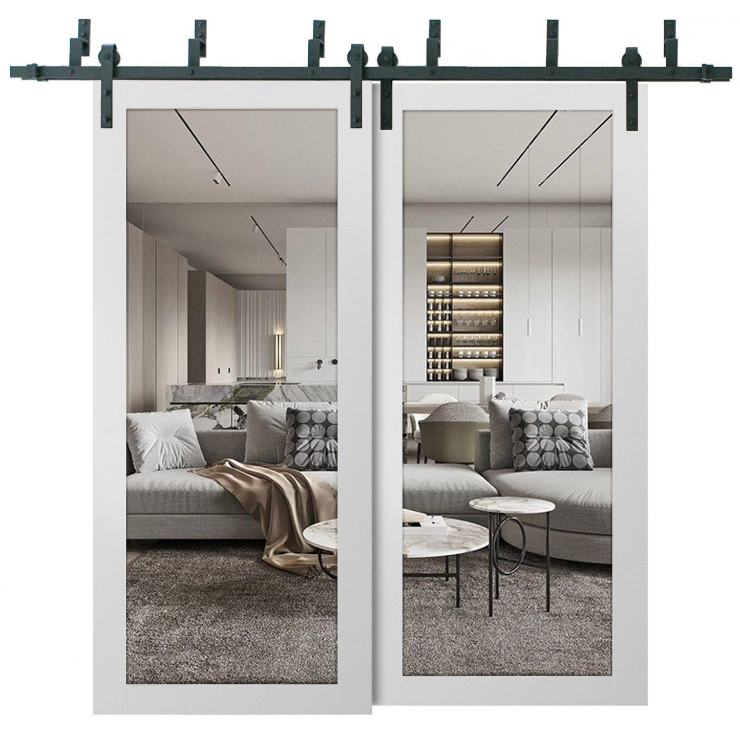 Lucia 2166 White Silk Double Barn Door with Clear Glass | Black Bypass Rails