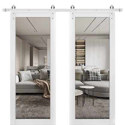 Lucia 2166 White Silk Double Barn Door with Clear Glass | Stainless Steel Rail