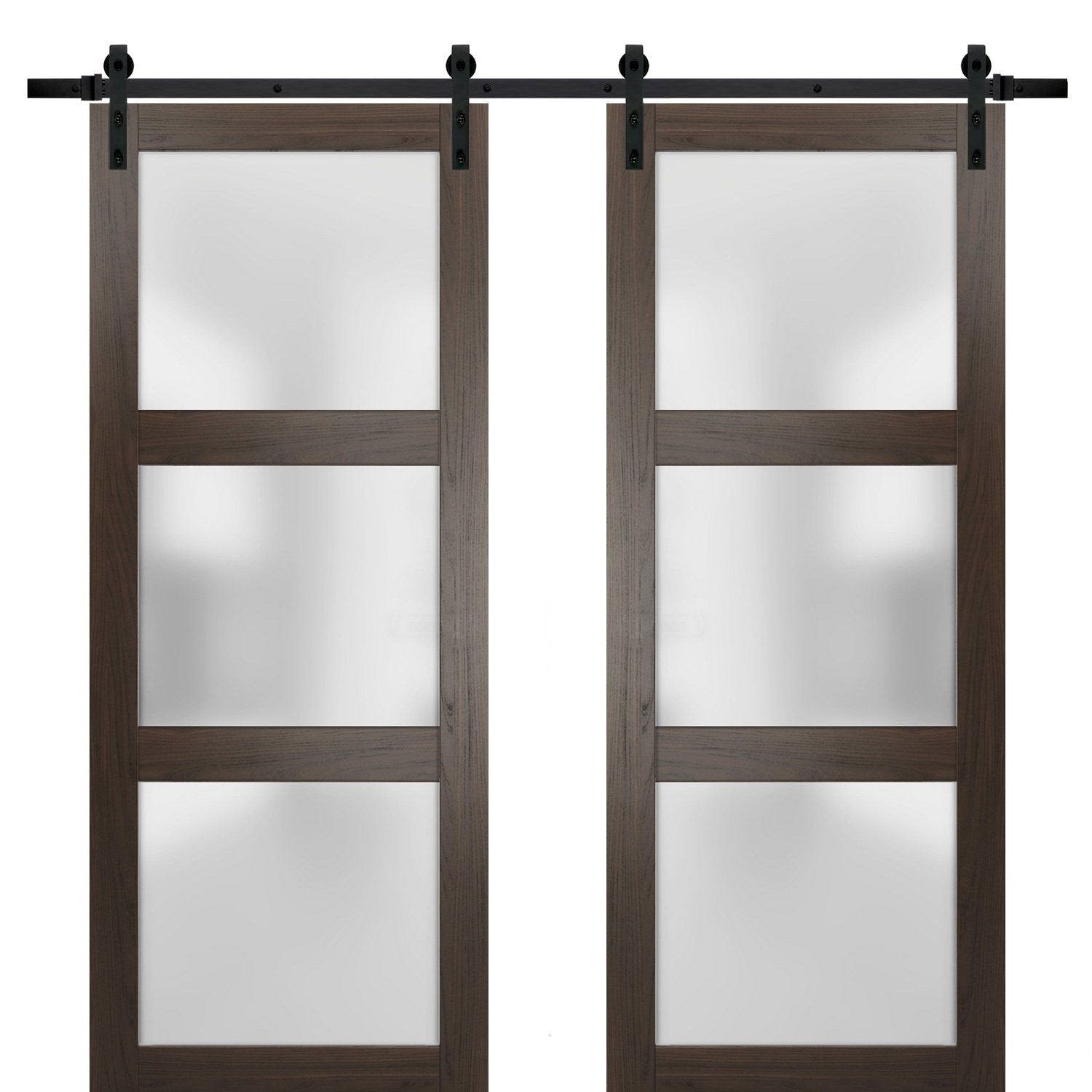 Lucia 2552 Chocolate Ash Double Barn Door with Frosted Glass | Black Rail