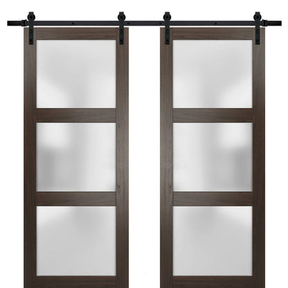 Lucia 2552 Chocolate Ash Double Barn Door with Frosted Glass | Black Rail