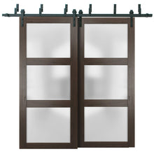 Load image into Gallery viewer, Lucia 2552 Chocolate Ash Double Barn Door with Frosted Glass | Black Bypass Rails