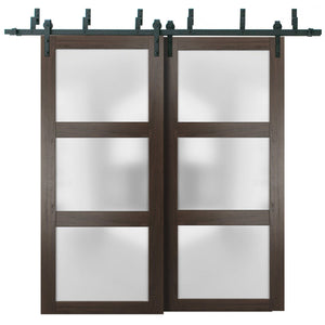 Lucia 2552 Chocolate Ash Double Barn Door with Frosted Glass | Black Bypass Rails
