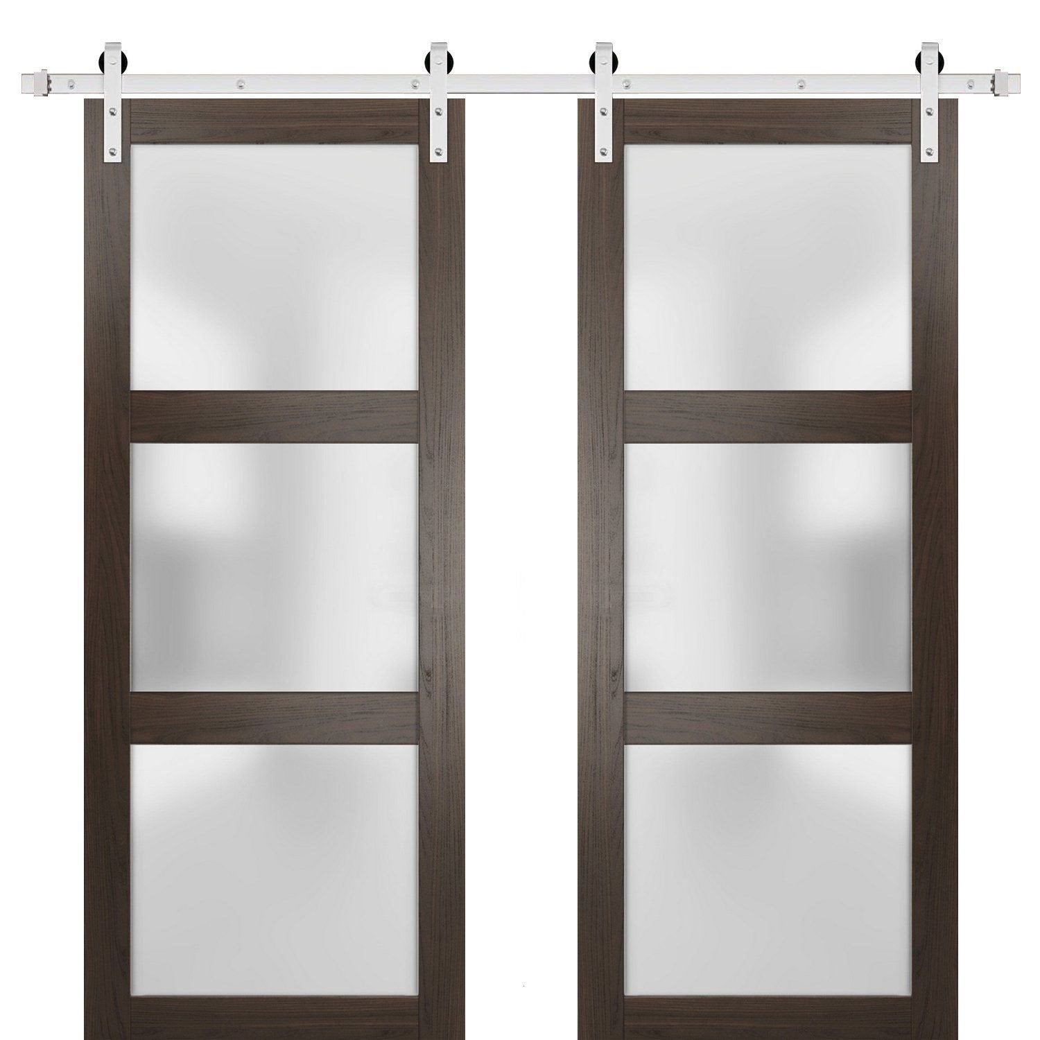 Lucia 2552 Chocolate Ash Double Barn Door with Frosted Glass | Stainless Steel Rail