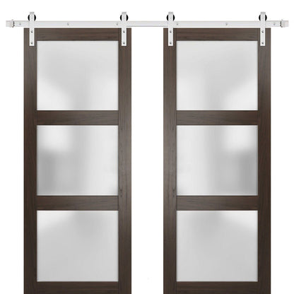 Lucia 2552 Chocolate Ash Double Barn Door with Frosted Glass | Stainless Steel Rail