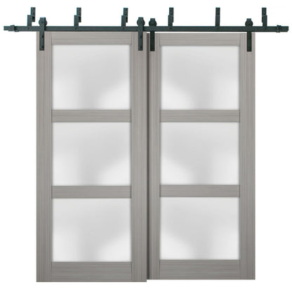 Lucia 2552 Grey Ash Double Barn Door with Frosted Glass | Black Bypass Rails