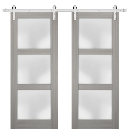 Lucia 2552 Grey Ash Double Barn Door with Frosted Glass | Stainless Steel Rail