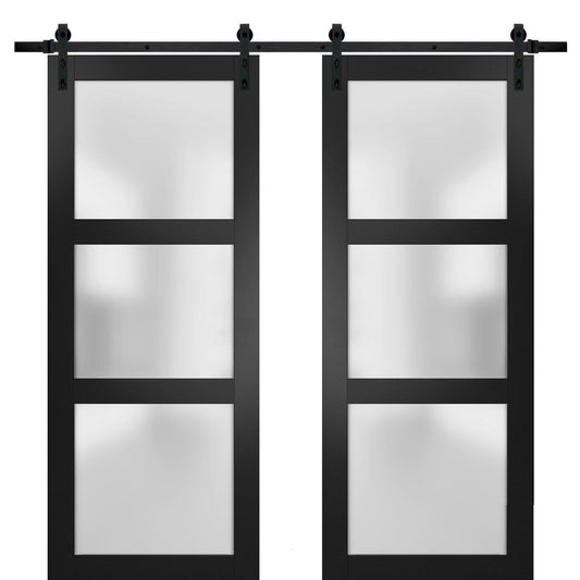 Lucia 2552 Matte Black Double Barn Door with Frosted Glass | Black Rail