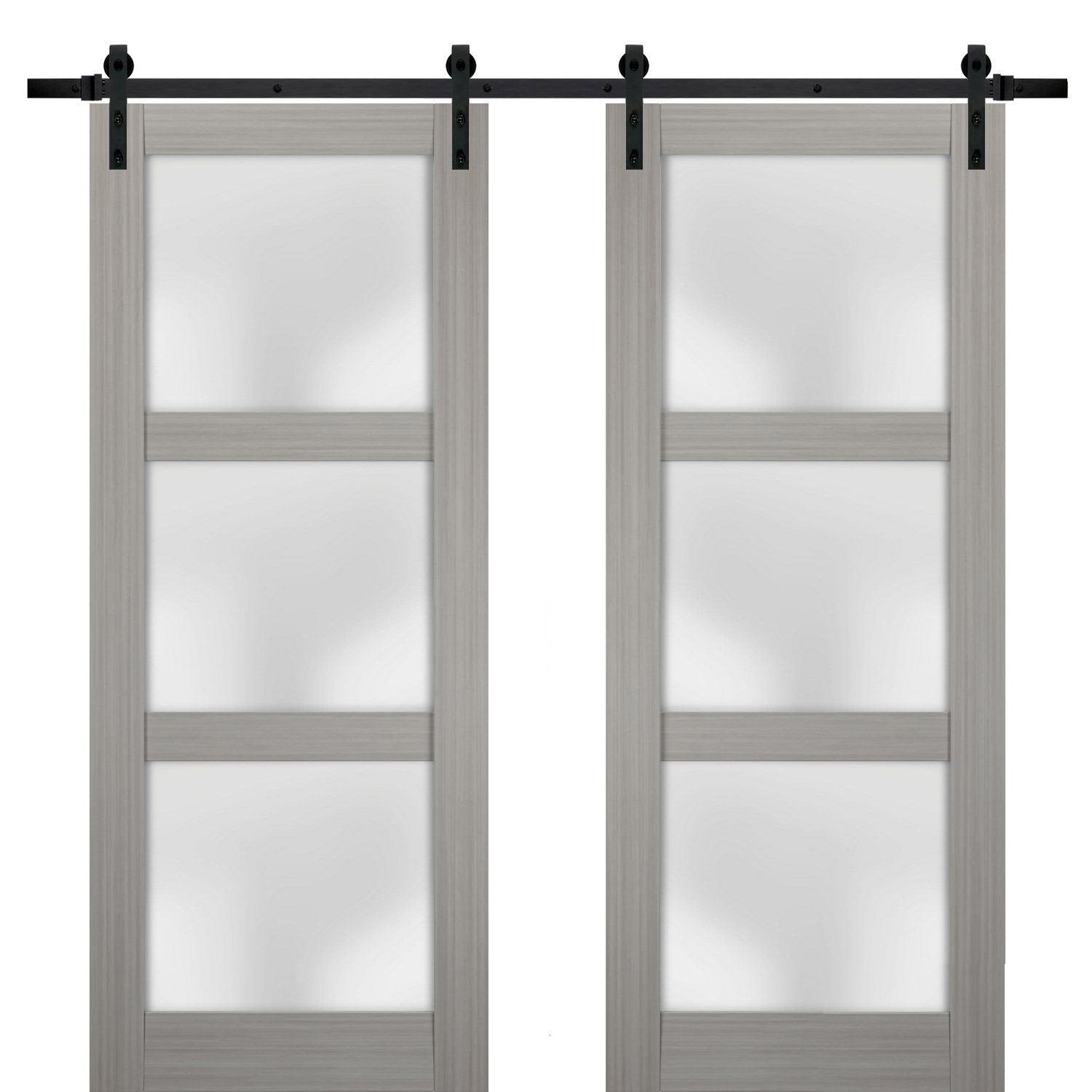 Lucia 2552 Grey Ash Double Barn Door with Frosted Glass | Black Rail