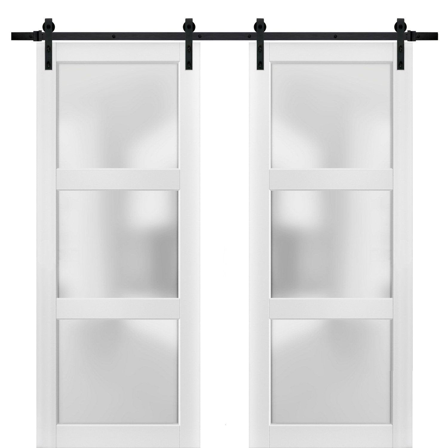 Lucia 2552 White Silk Double Barn Door with Frosted Glass | Black Rail