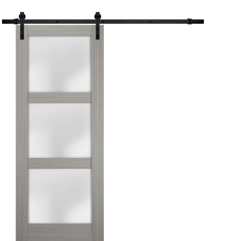Lucia 2552 Grey Ash Barn Door with Frosted Glass and Black Rail