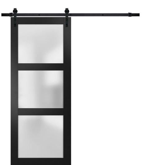 Lucia 2552 Matte Black Barn Door with Frosted Glass and Black Rail