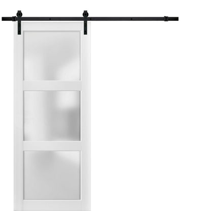 Lucia 2552 White Barn Door with Frosted Glass and Black Rail