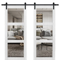 Lucia 2555 Matte White Double Barn Door with Clear Glass 3 Lites | Black Rail