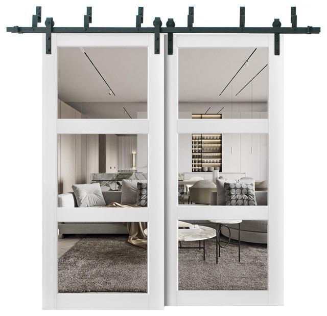 Lucia 2555 Matte White Double Barn Door with Clear Glass 3 Lites | Black Bypass Rails