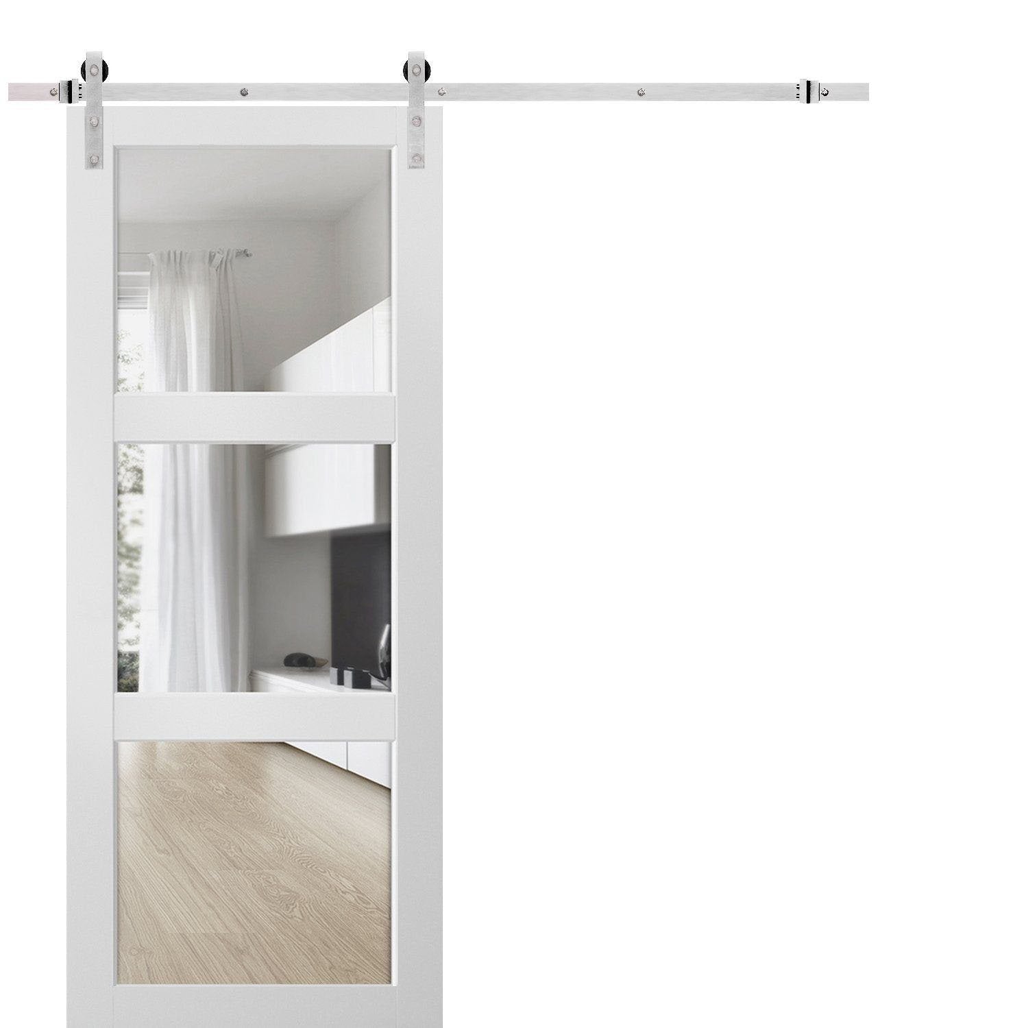Lucia 2555 Matte White Barn Door with 3 Lites Clear Glass and Stainless Rail