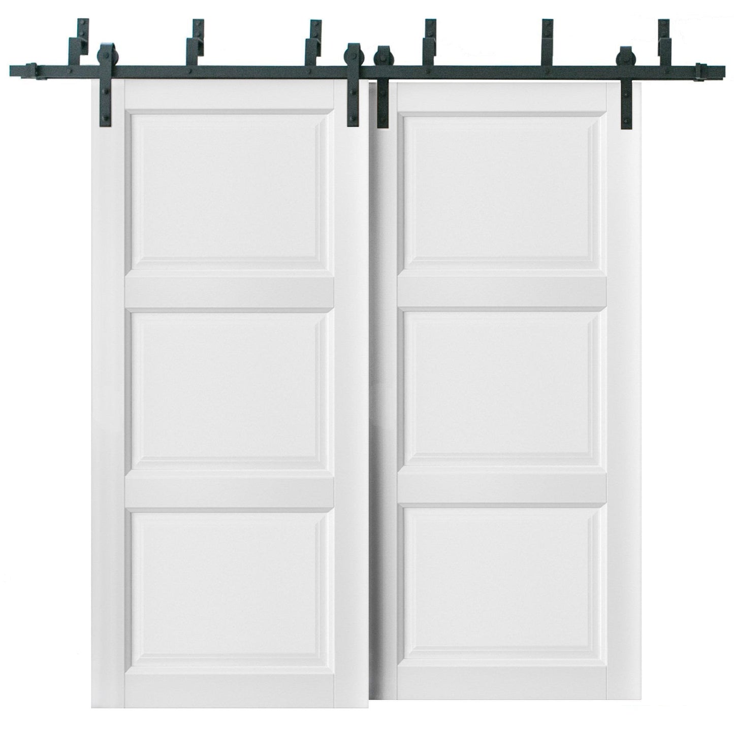 Lucia 2661 White Silk 3 Panel Double Barn Door | Black Bypass Rails