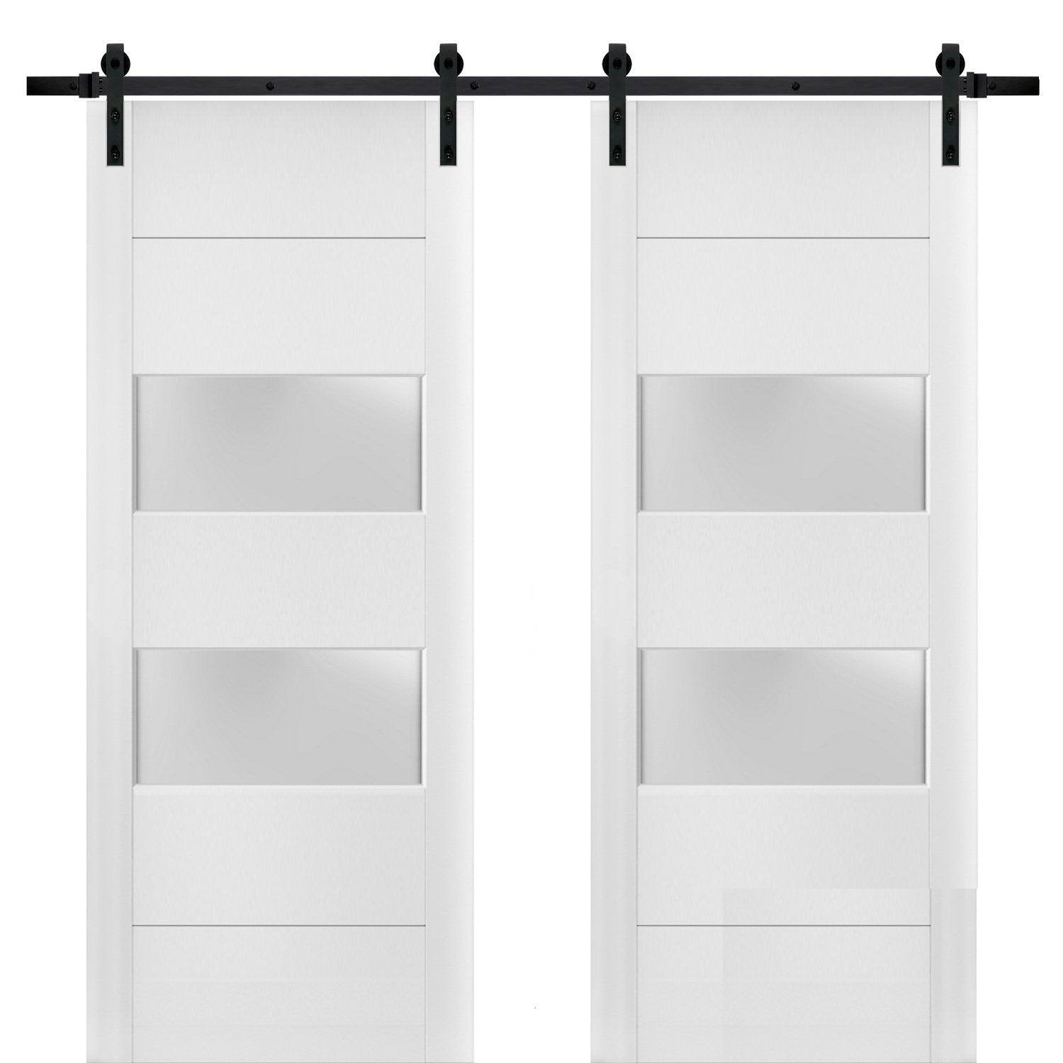 Lucia 4010 White Silk Double Barn Door with 2 Lites Frosted Glass | Black Rail