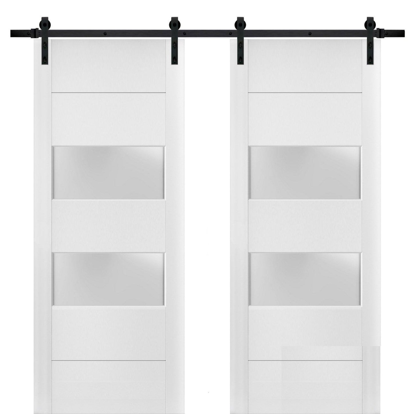 Lucia 4010 White Silk Double Barn Door with 2 Lites Frosted Glass | Black Rail