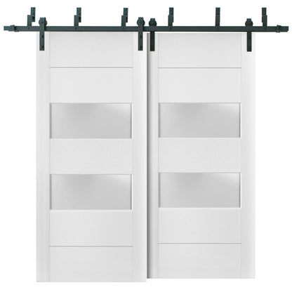 Lucia 4010 White Silk Double Barn Door with 2 Lites Frosted Glass | Black Bypass Rails