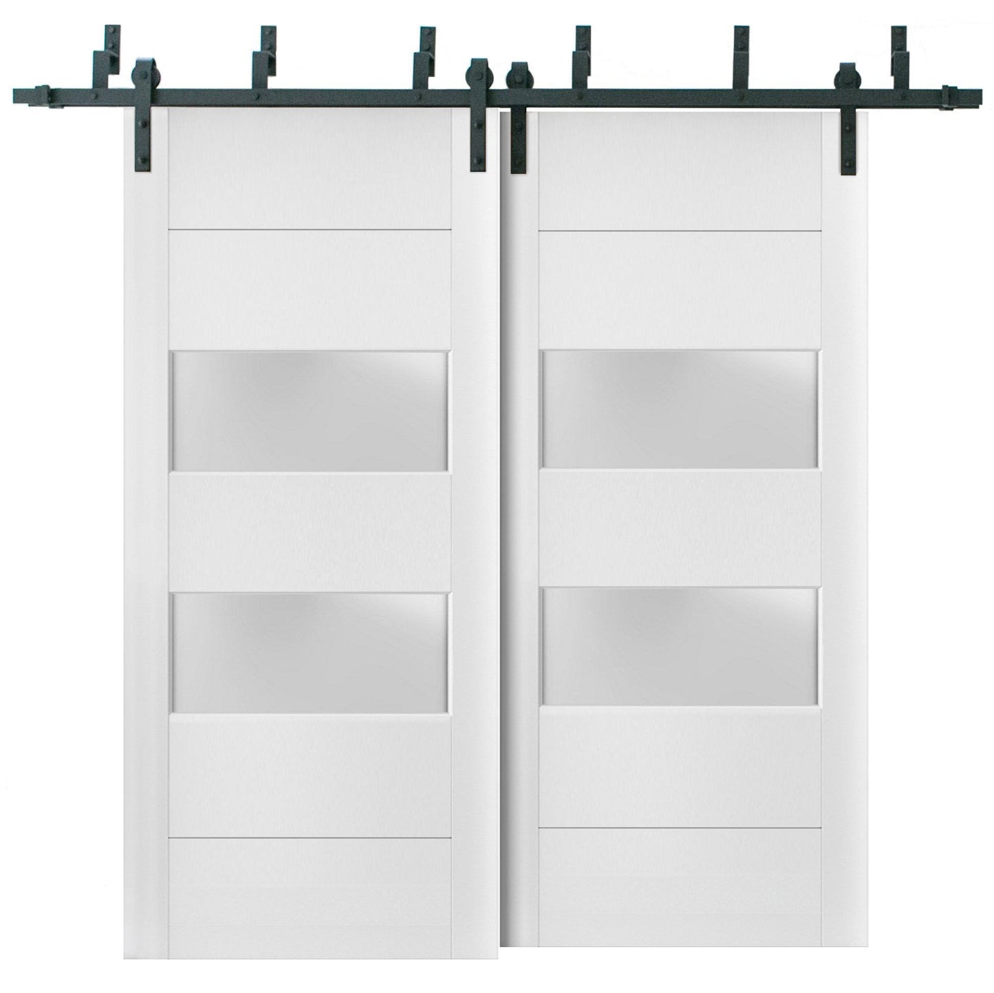 Lucia 4010 White Silk Double Barn Door with 2 Lites Frosted Glass | Black Bypass Rails