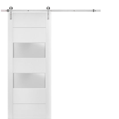 Lucia 4010 White Silk Barn Door with 2 Lites Frosted Glass and Stainless Rail