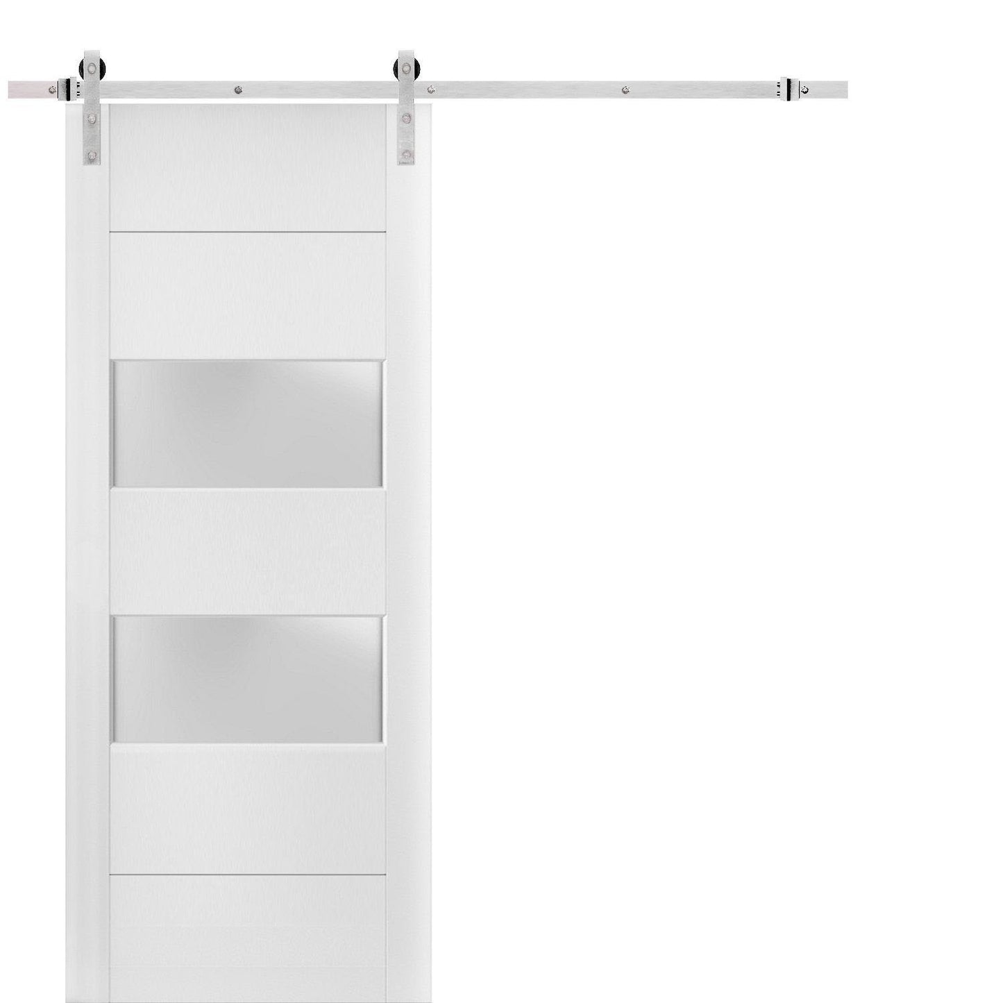 Lucia 4010 White Silk Barn Door with 2 Lites Frosted Glass and Stainless Rail