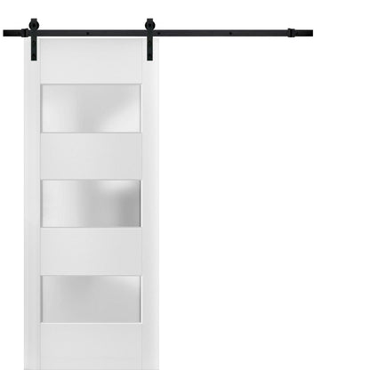 Lucia 4070 White Silk Barn Door with 3 Lites Frosted Glass and Black Rail