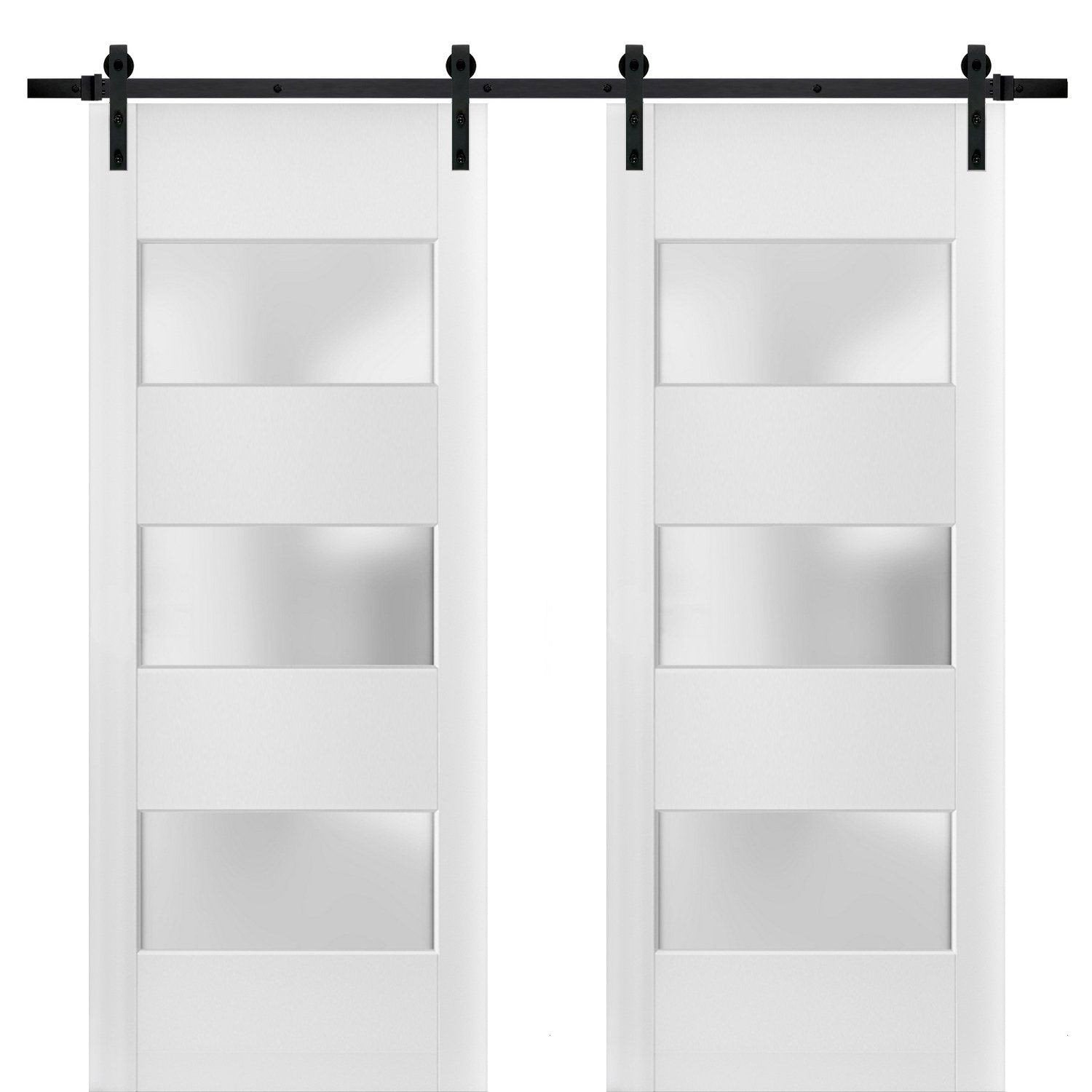 Lucia 4070 White Silk Double Barn Door with 3 Lites Frosted Glass | Black Rail