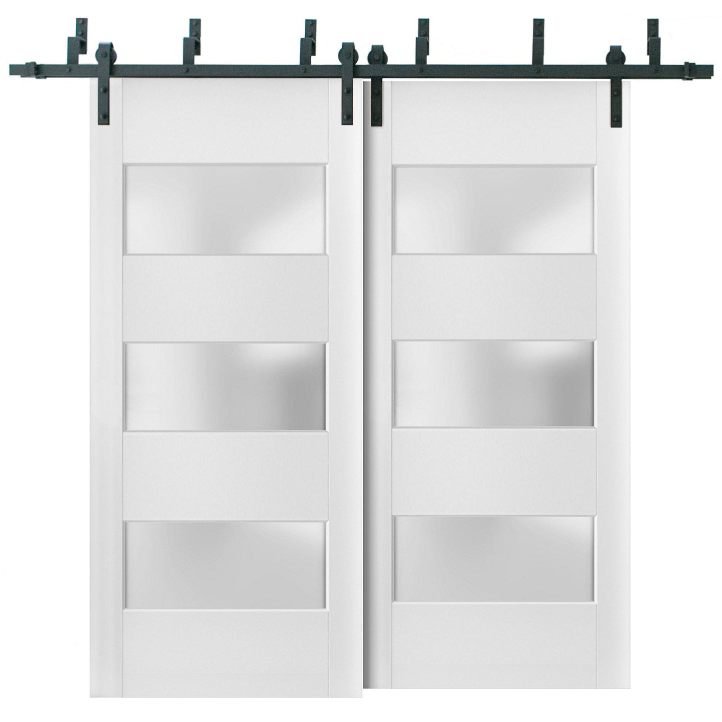 Lucia 4070 White Silk Double Barn Door with 3 Lites Frosted Glass | Black Bypass Rails