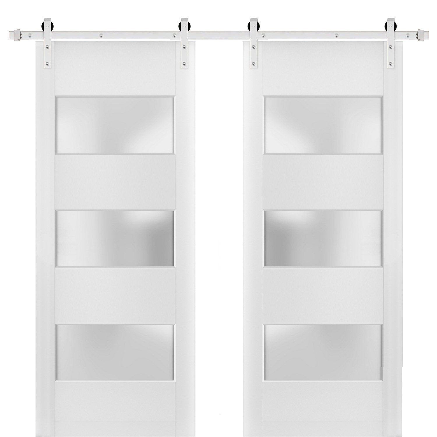 Lucia 4070 White Silk Double Barn Door with 3 Lites Frosted Glass | Stainless Steel Rail