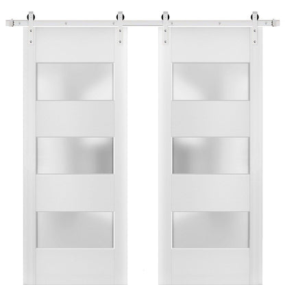 Lucia 4070 White Silk Double Barn Door with 3 Lites Frosted Glass | Stainless Steel Rail