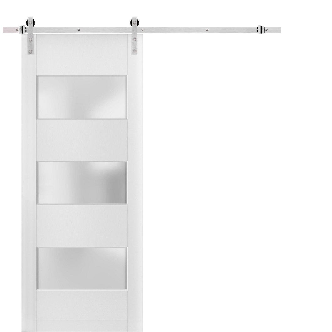 Lucia 4070 White Silk Barn Door with 3 Lites Frosted Glass and Stainless Rail