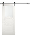 Mela 7012 Matte White Barn Door with Frosted Glass and Black Rail