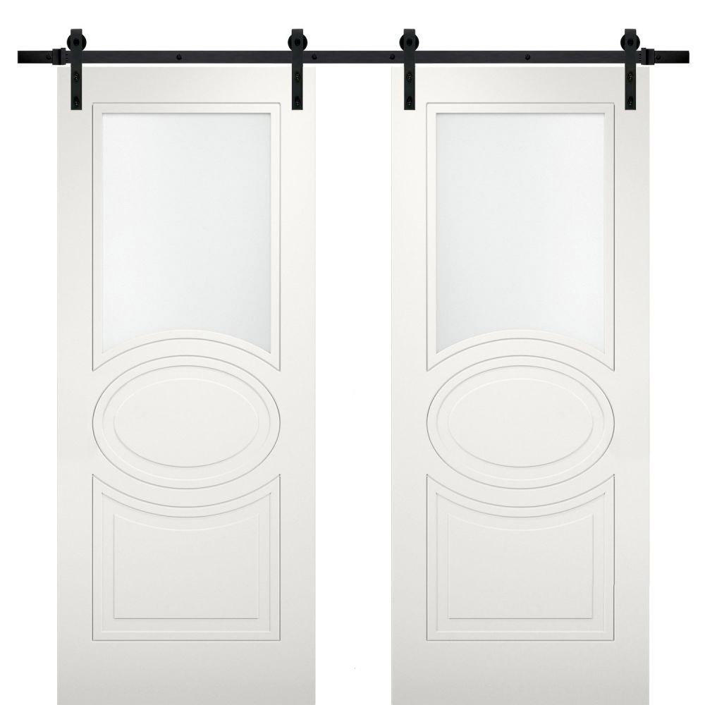 Mela 7012 Matte White Double Barn Door with Frosted Glass | Black Rail