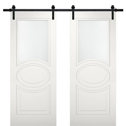 Mela 7012 Matte White Double Barn Door with Frosted Glass | Black Rail