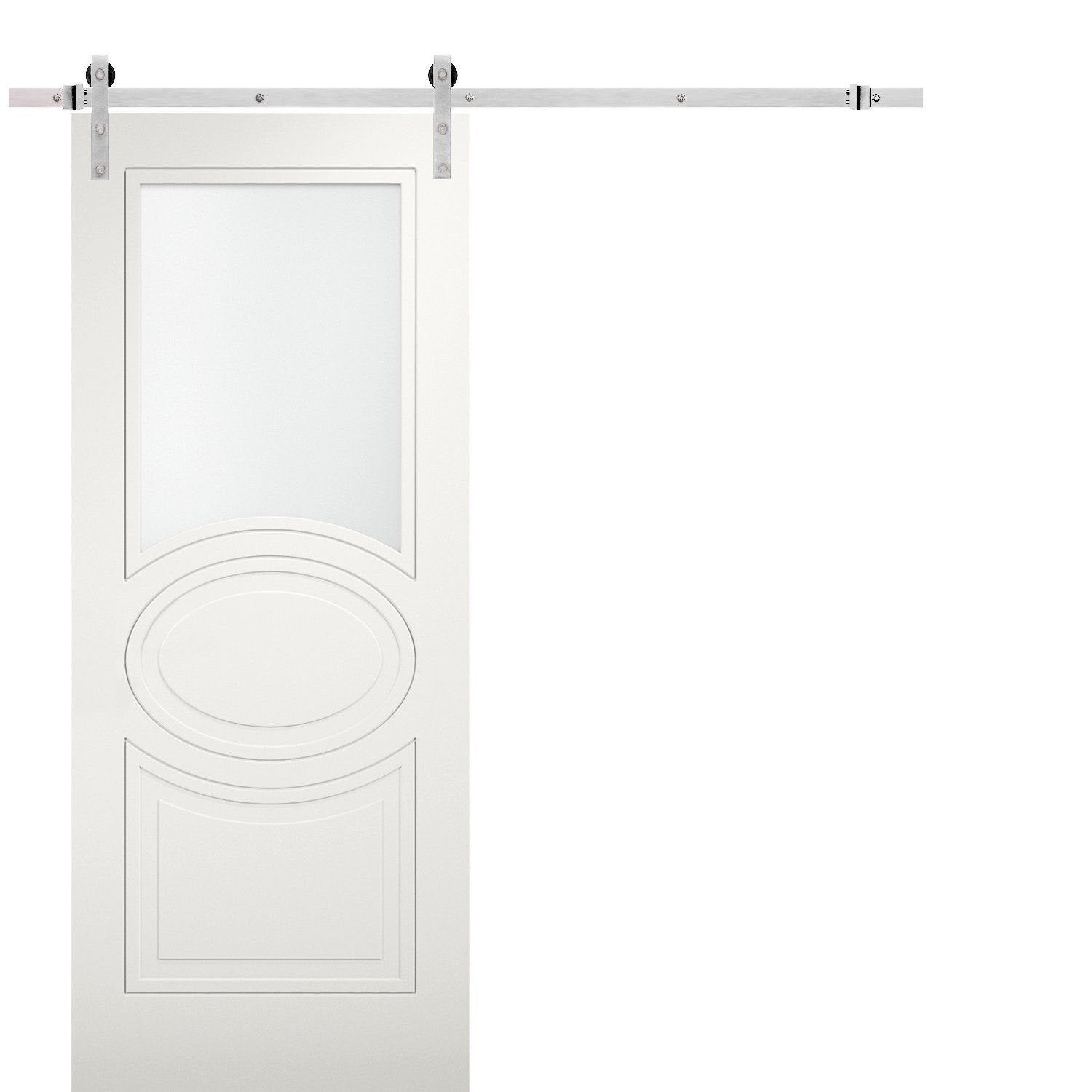 Mela 7012 Matte White Barn Door with Frosted Glass and Stainless Rail