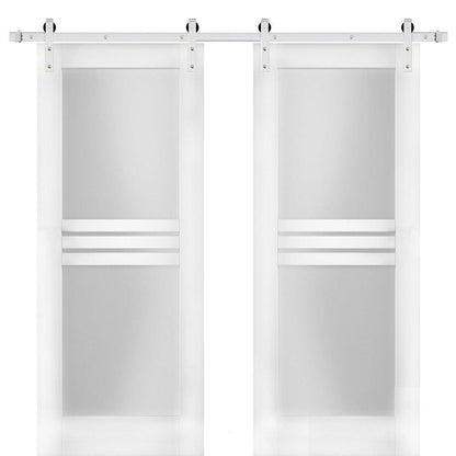 Mela 7222 White Silk Double Barn Door with 4 Lites Frosted Glass | Stainless Steel Rail