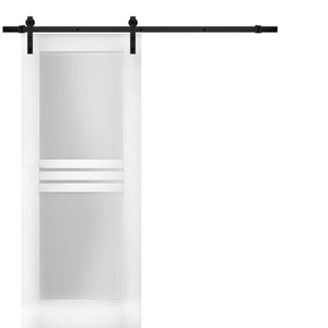 Mela 7222 White Silk Barn Door with 4 Lites Frosted Glass and Black Rail