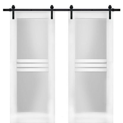 Mela 7222 White Silk Double Barn Door with 4 Lites Frosted Glass | Black Rail
