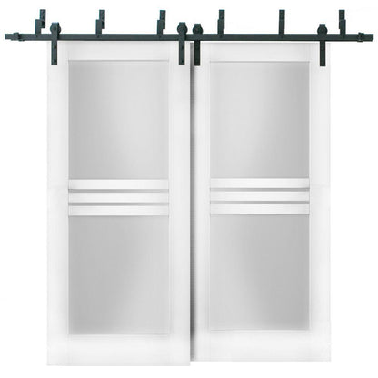 Mela 7222 White Silk Barn Doors with 4 Lites Frosted Glass | Black Bypass Rail