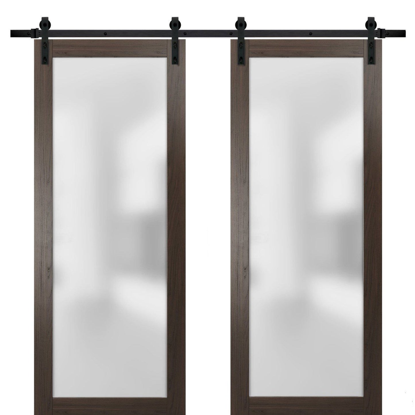 Planum 2102 Chocolate Ash Double Barn Door with Frosted Glass | Black Rail