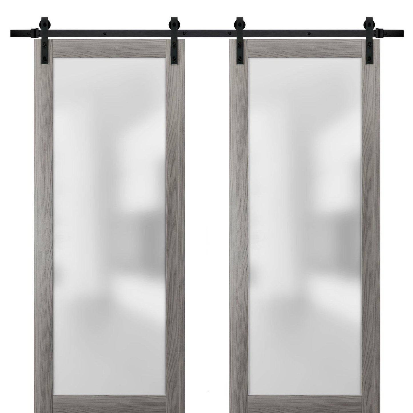 Planum 2102 Ginger Ash Double Barn Door with Frosted Glass | Black Rail