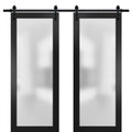 Planum 2102 Black Matte Double Barn Door with Frosted Glass | Black Rail