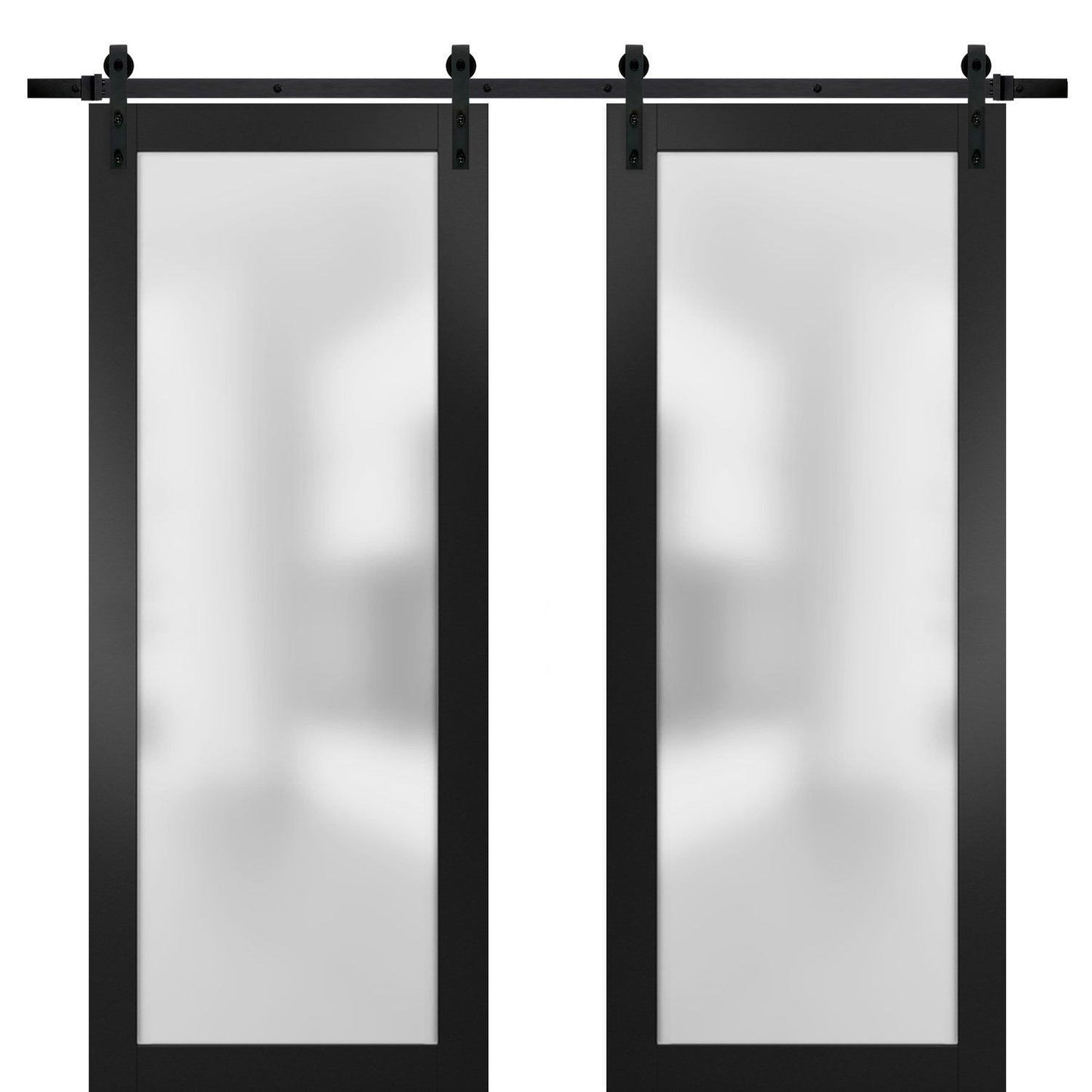 Planum 2102 Black Matte Double Barn Door with Frosted Glass | Black Rail
