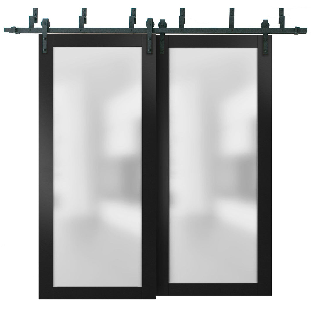 Planum 2102 Matte Black Double Barn Door with Frosted Glass | Black Bypass Rail