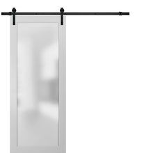 Load image into Gallery viewer, Planum 2102 White Barn Door with Frosted Glass and Black Rail