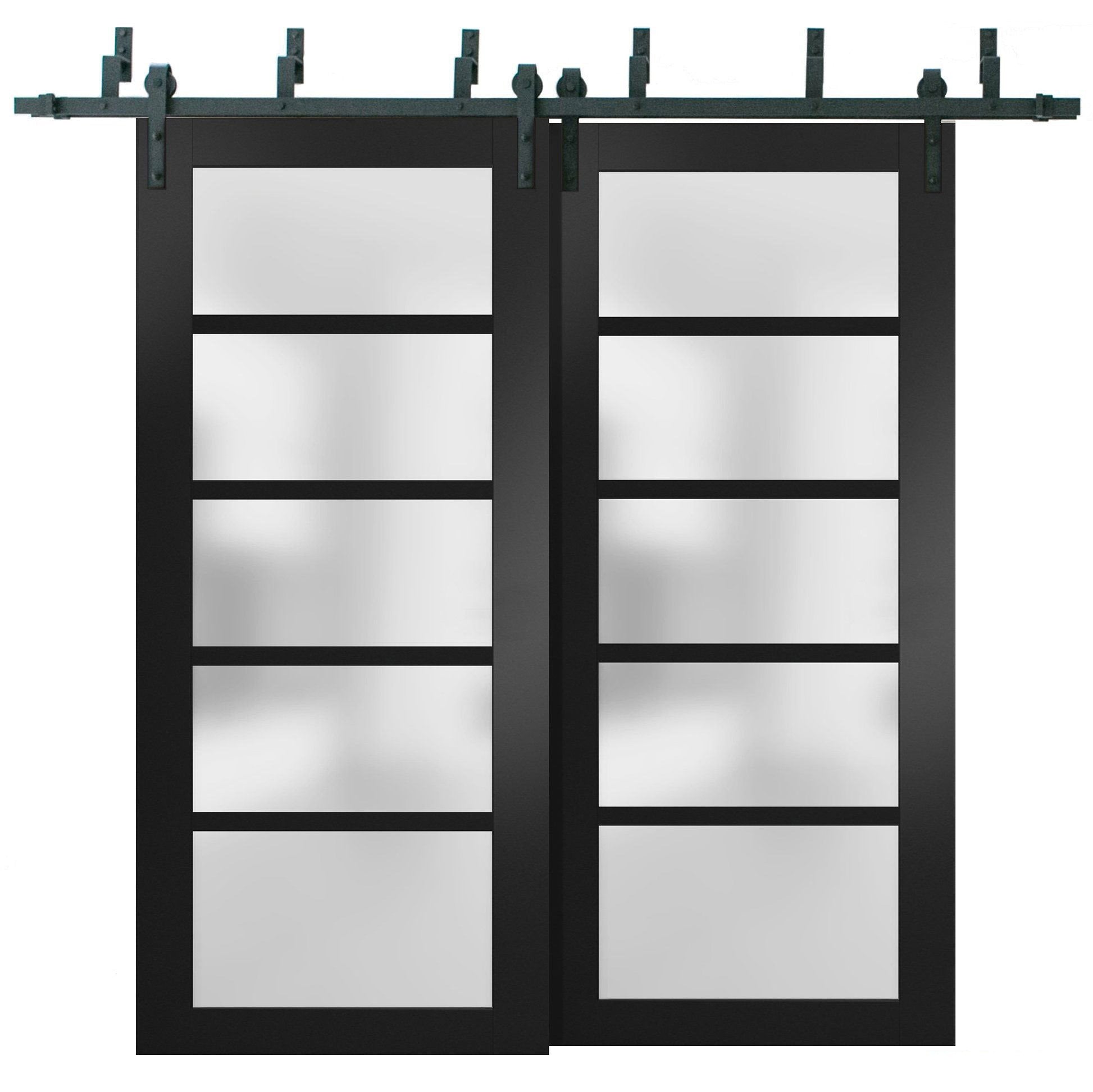 Quadro 4002 Matte Black Double Barn Door with Frosted Glass | Black Bypass Rails
