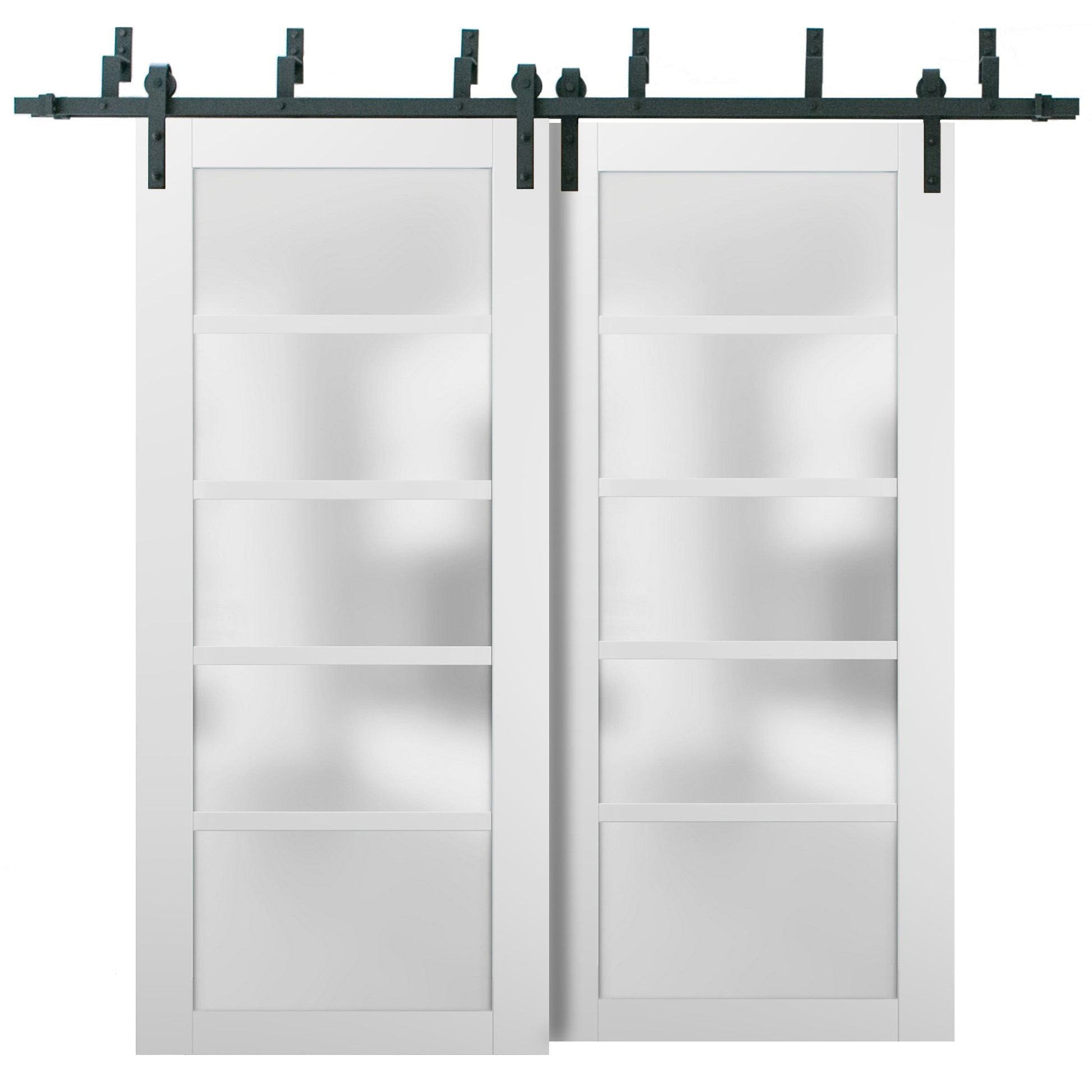 Quadro 4002 White Silk Double Barn Door with Frosted Glass | Black Bypass Rails