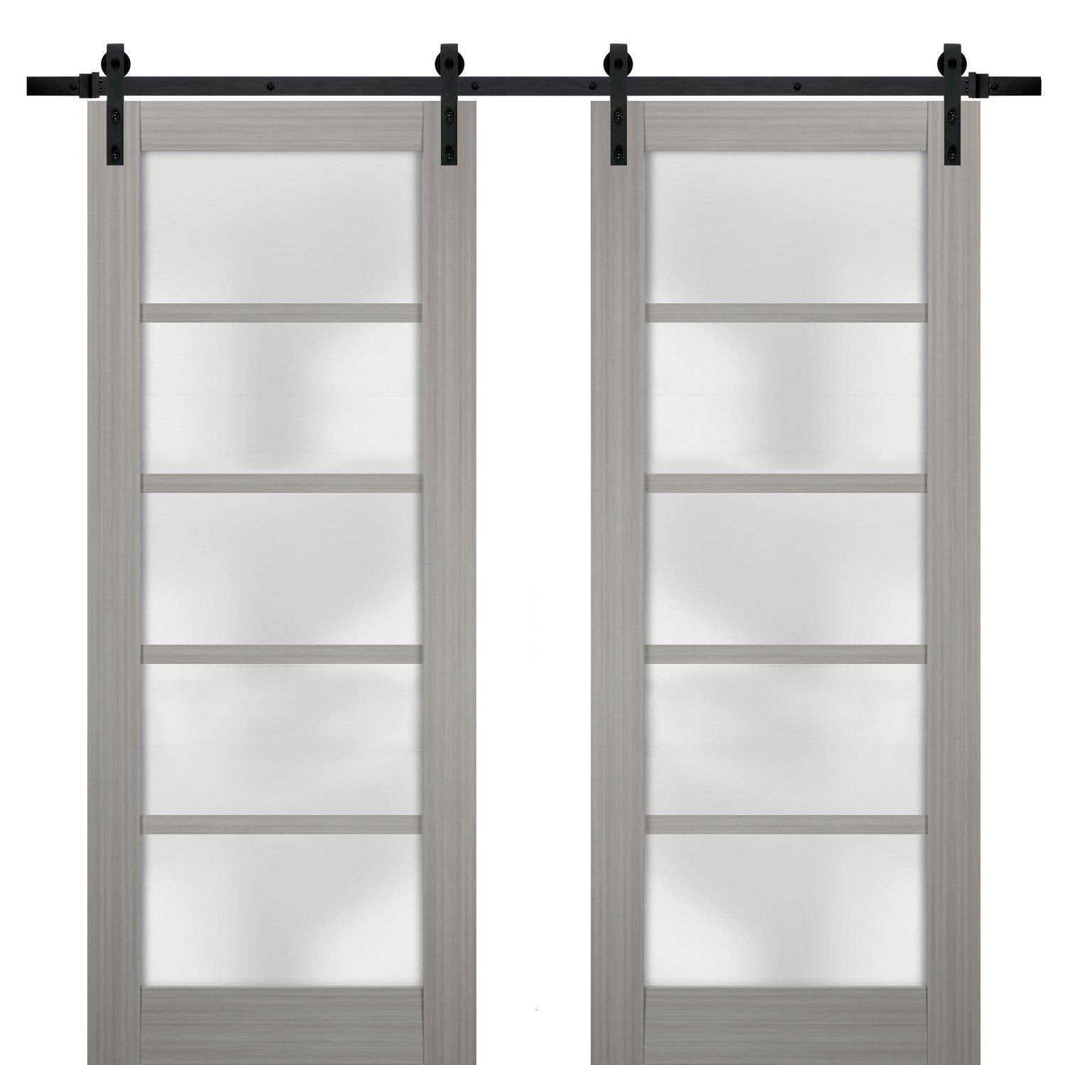 Quadro 4002 Grey Ash Double Barn Door with Frosted Glass | Black Rail