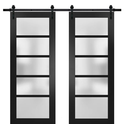 Quadro 4002 Matte Black Double Barn Door with Frosted Glass | Black Rail